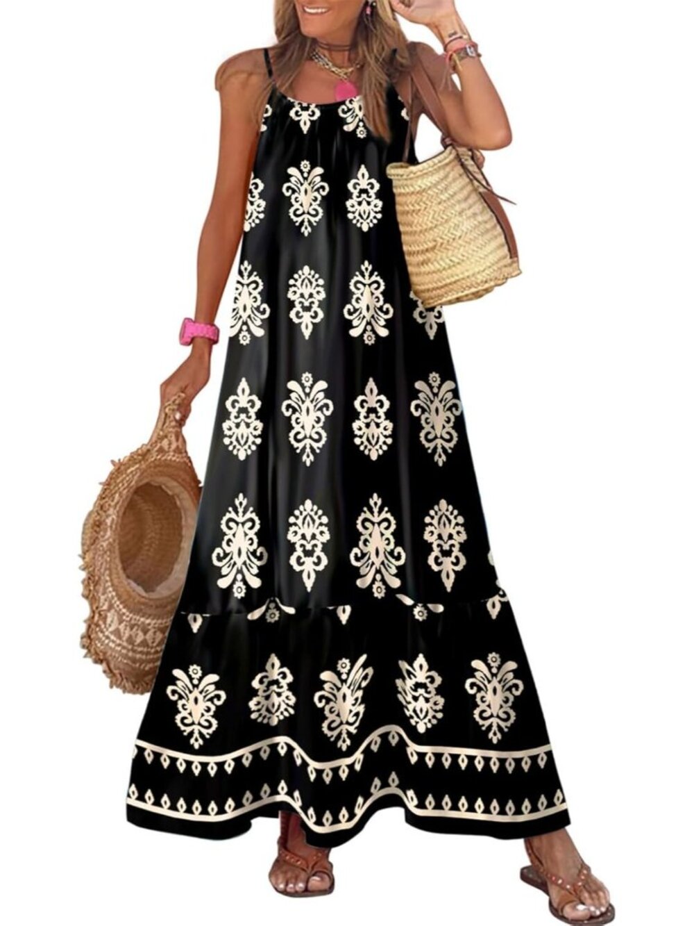 〽️Women's Black Floral Maxi Dress Scoop Neck Ruffle Hem Boho Summer Sundress